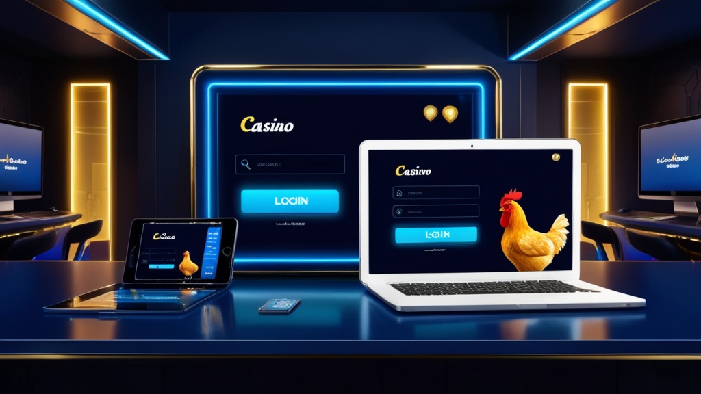 Telemóvel, tablet e computador com o login do Chicken Road em cenário de casino escuro