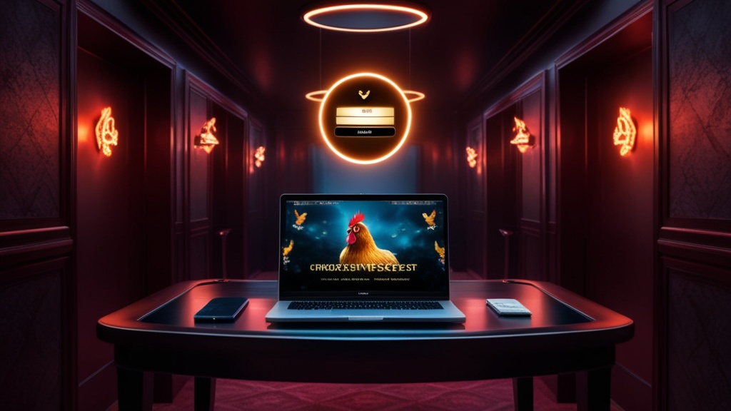 Ecrã de login do Chicken Road em ambiente de casino escuro com telemóvel e computador