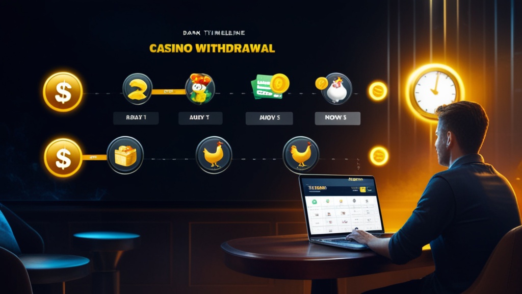 Cronograma de levantamentos com relógio e ícones de pagamento num casino escuro