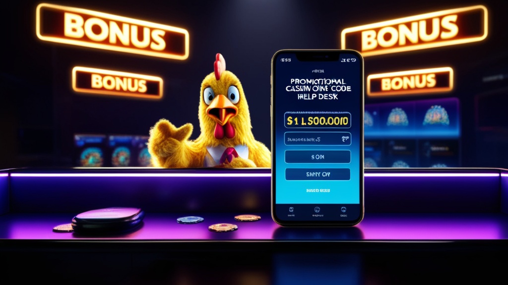 Telemóvel com campo de código promocional e cenário de casino escuro com luzes neon
